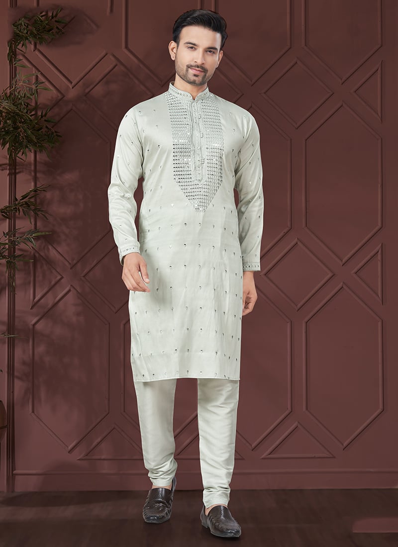 Light Grey Silk Embroidered Sequin Mens Kurta Pyjama Set Festive Wear