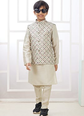 Light Grey Silk Embroidered Sequins Kids Boys Bandi Set