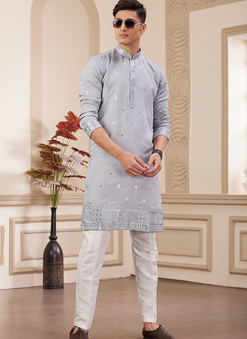 Light Grey Silk Embroidered Sequins Kurta Pyjama Festive Wear