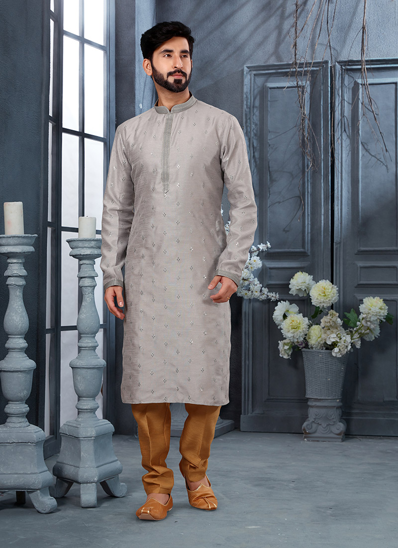 Buy Light Grey Silk Sequins Work Kurta 