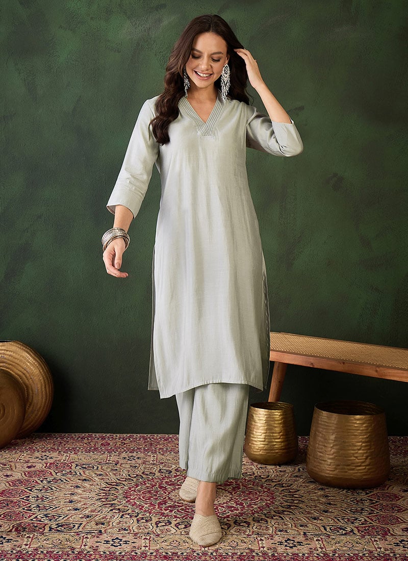 Light Grey Silk Solid Kurta Straight Pant Set After Six Wear