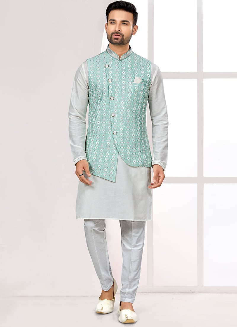 Light Grey Silk Thread Sequins Embroidered Bandi Set Festive Wear