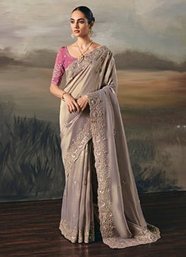 Light Grey Silk Zari Embroidered Sequins Saree