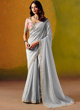 Light Grey Smooth Zari Silk Embroidered Sequins With Stone Work Saree