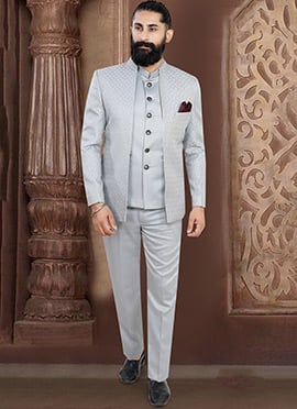 Light Grey Terry Rayon Zari Three Piece Suit