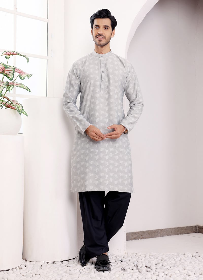 Light Grey Viscose Jacquard Kurta