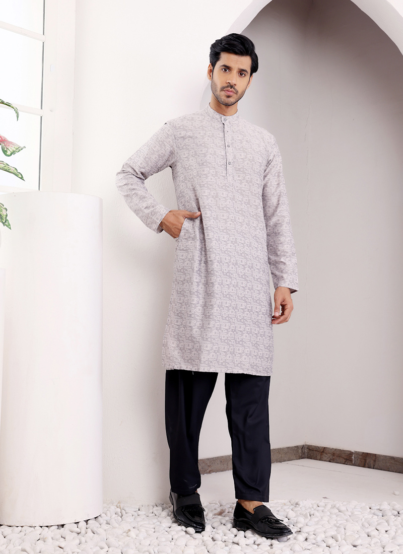 Light Grey Viscose Jacquard Kurta