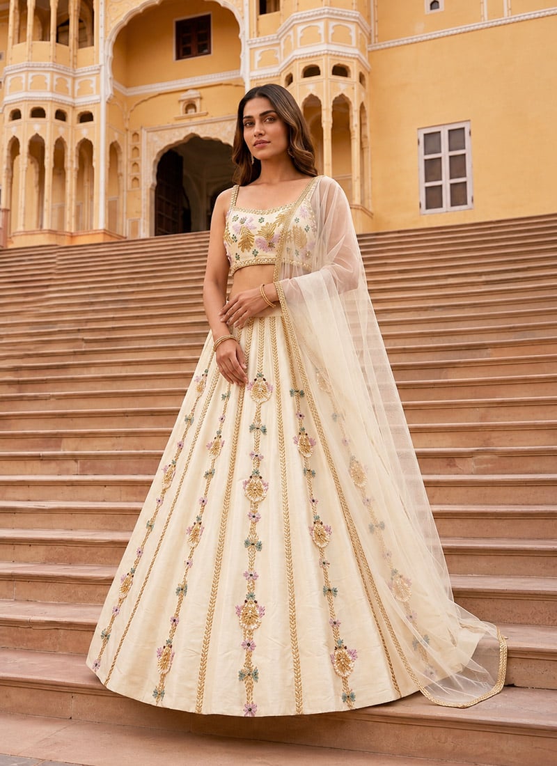 Light Ivory Cream Silk Zari Resham Embroidered Lehenga Festive Wear