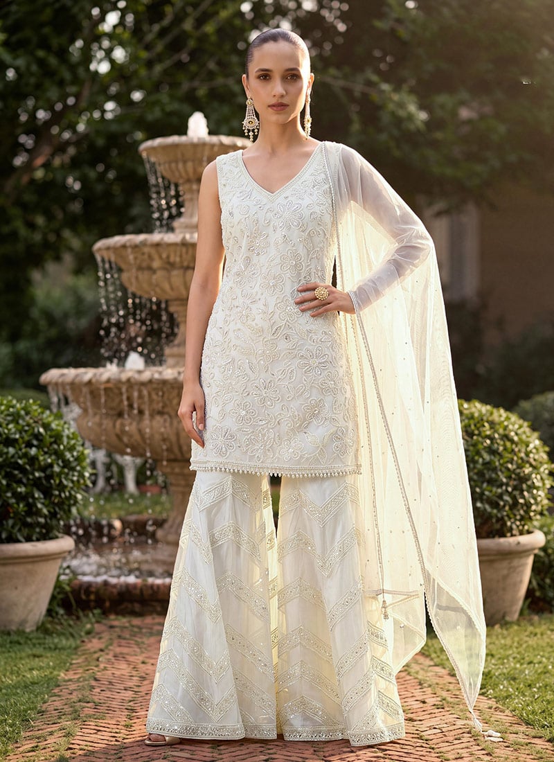 Light Ivory White Georgette Embroidered Sequins Beads Sharara Suit Festive Wear