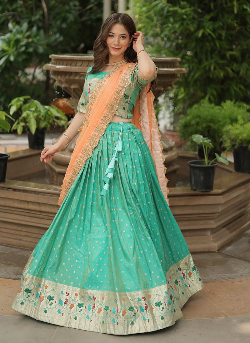 Light Teal Jacquard Silk Lehenga With Stunning Embroidered Dupatta Festive Wear
