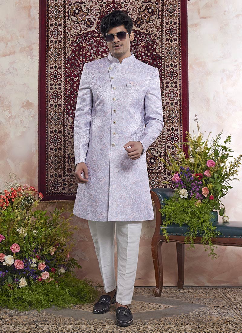 Light Lavender Banarasi Jacquard Indowestern Sherwani Wedding Wear