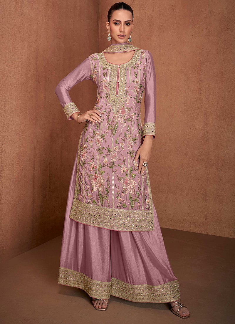 Light Lavender Chinon Embroidered Sequins Elegant Pakistani Palazzo Suit Festive Wear