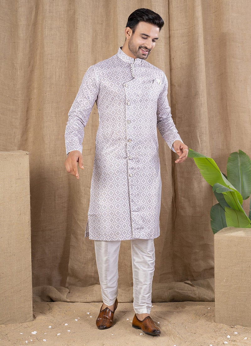 Light Lavender Cotton Silk Printed Indowestern Sherwani