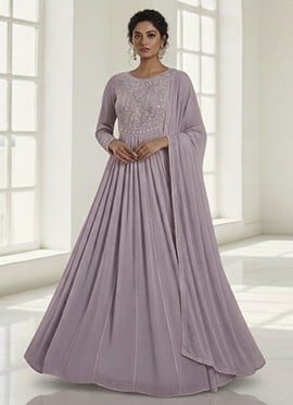 Light Lavender Faux Georgette Abaya Style Anarkali Suit With Zari And Sequins Stone Work