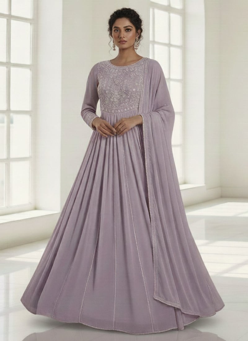 Light Lavender Faux Georgette Abaya Style Anarkali Suit With Zari And Sequins Stone Work Festive Wear
