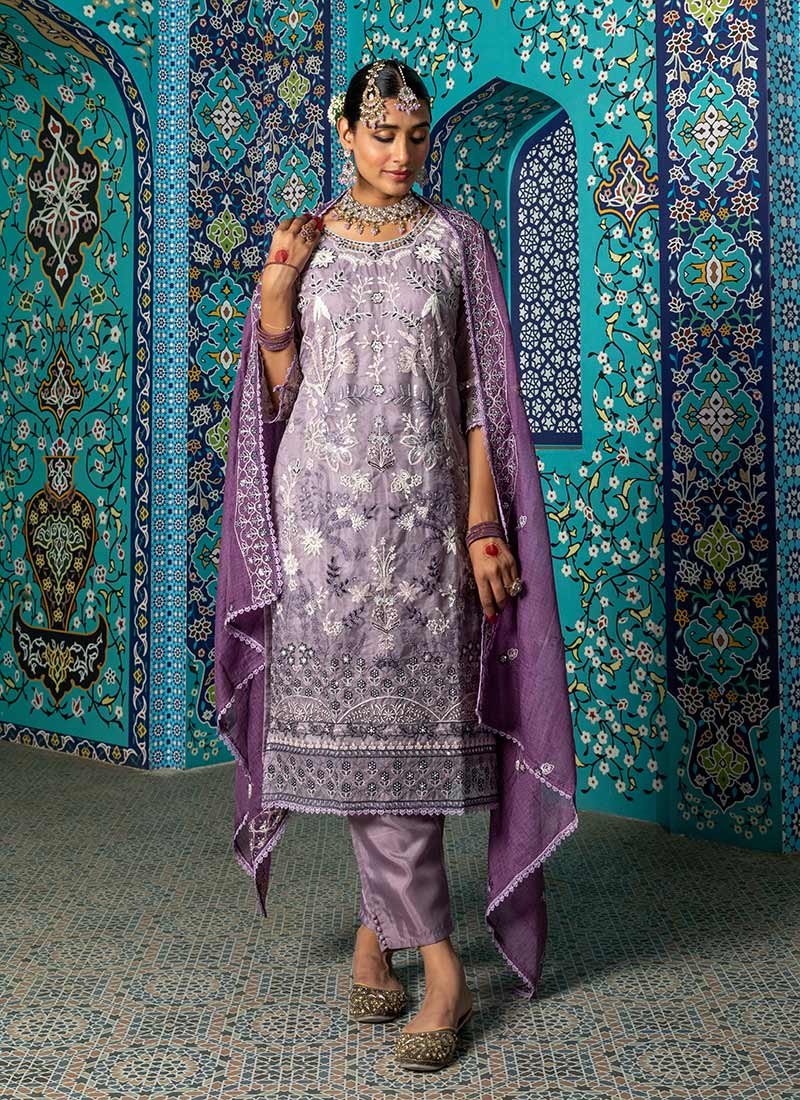 Light Lavender Organza Embroidered Beads Work Straight Pant Suit Festive Wear
