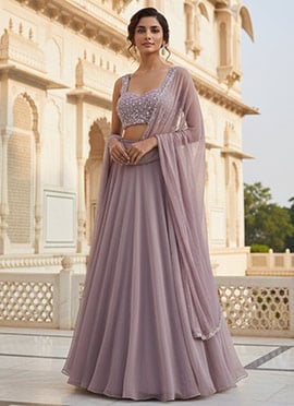 Light Lavender Georgette Sequins Hand Embroidered Lehenga