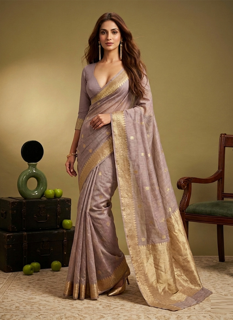 Light Lavender Linene Zari Woven Saree Festive Wear