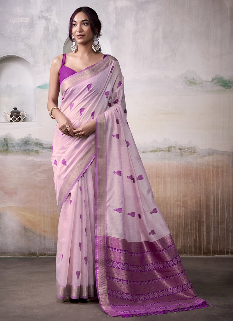 Light Lavender Modal Cotton Woven Zari Saree Festive Wear