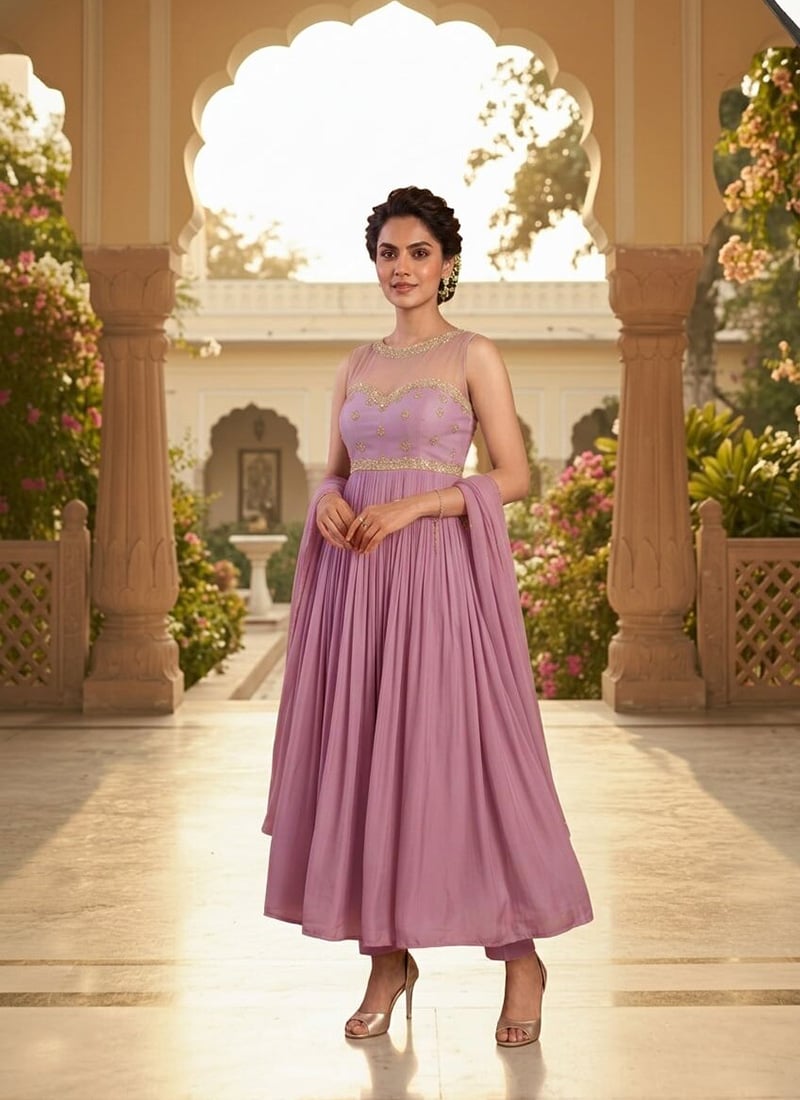Light Lavender Mul Chanderi Zari Sequins Illusion Neck Anarkali Suit Festive Wear