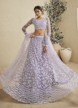 Light Lavender Net Sequins Embroidered Umbrella Lehenga Wedding Wear