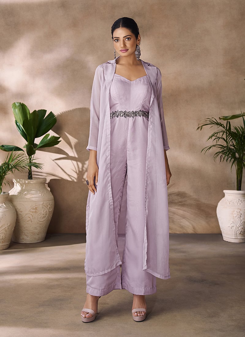 Light Lavender Organza Sequins With Beads Handwork Indowestern Jump Suit With Jacket After Six Wear