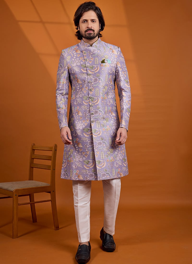 Light Lavender Printed Embroidered Silk Indo Western Sherwani Festive Wear