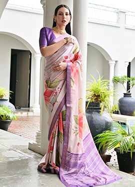 Light Lavender Satin Silk Floral Digital Print Saree With Woven Zari Border