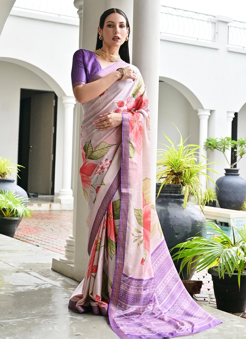 Light Lavender Satin Silk Floral Digital Print Saree With Woven Zari Border After Six Wear