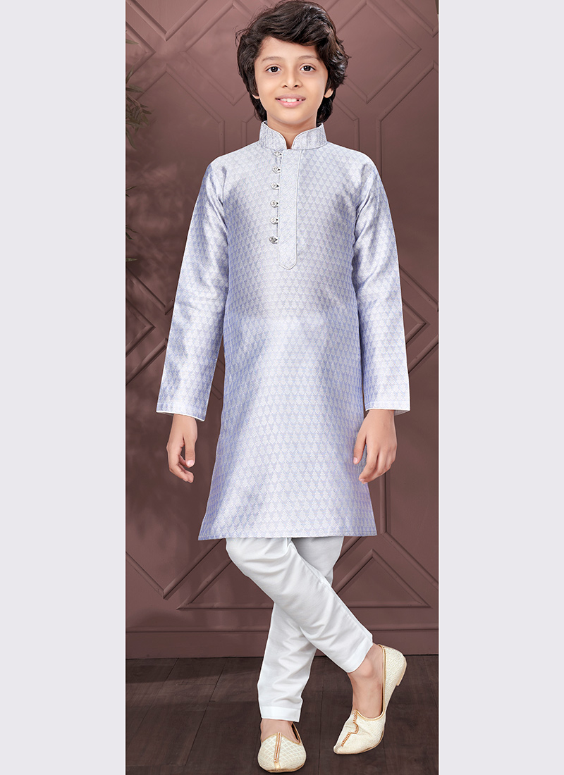 Light Lavender Silk Jacquard Kids Boys Kurta Pyjama Festive Wear