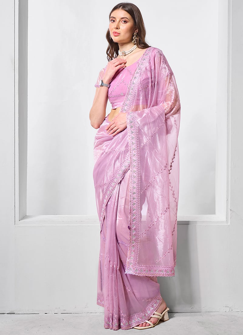 Light Lavender Tissue Net Embroidered Stone Work Saree