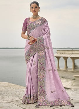 Light Lavender Viscose Jacquard Zari Embroidered Sequins Stone And Beads Work Saree