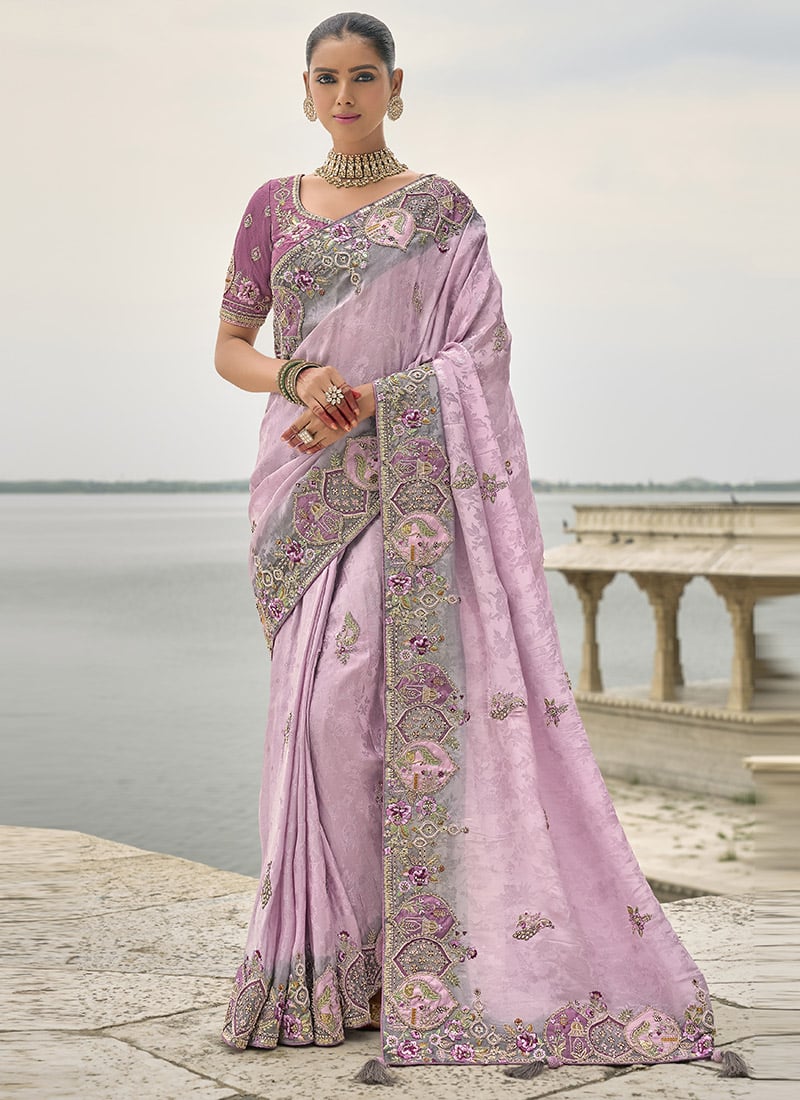 Light Lavender Viscose Jacquard Zari Embroidered Sequins Stone And Beads Work Saree Wedding Wear