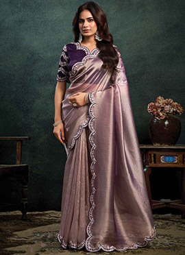 Light Lavender Zari Organza Silk Sequins Moti Hand Embroidered Saree