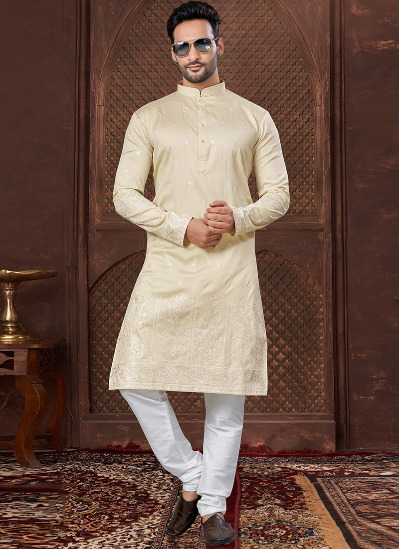 Light Lemon Silk Embroidered Sequins Kurta Pyjama Festive Wear