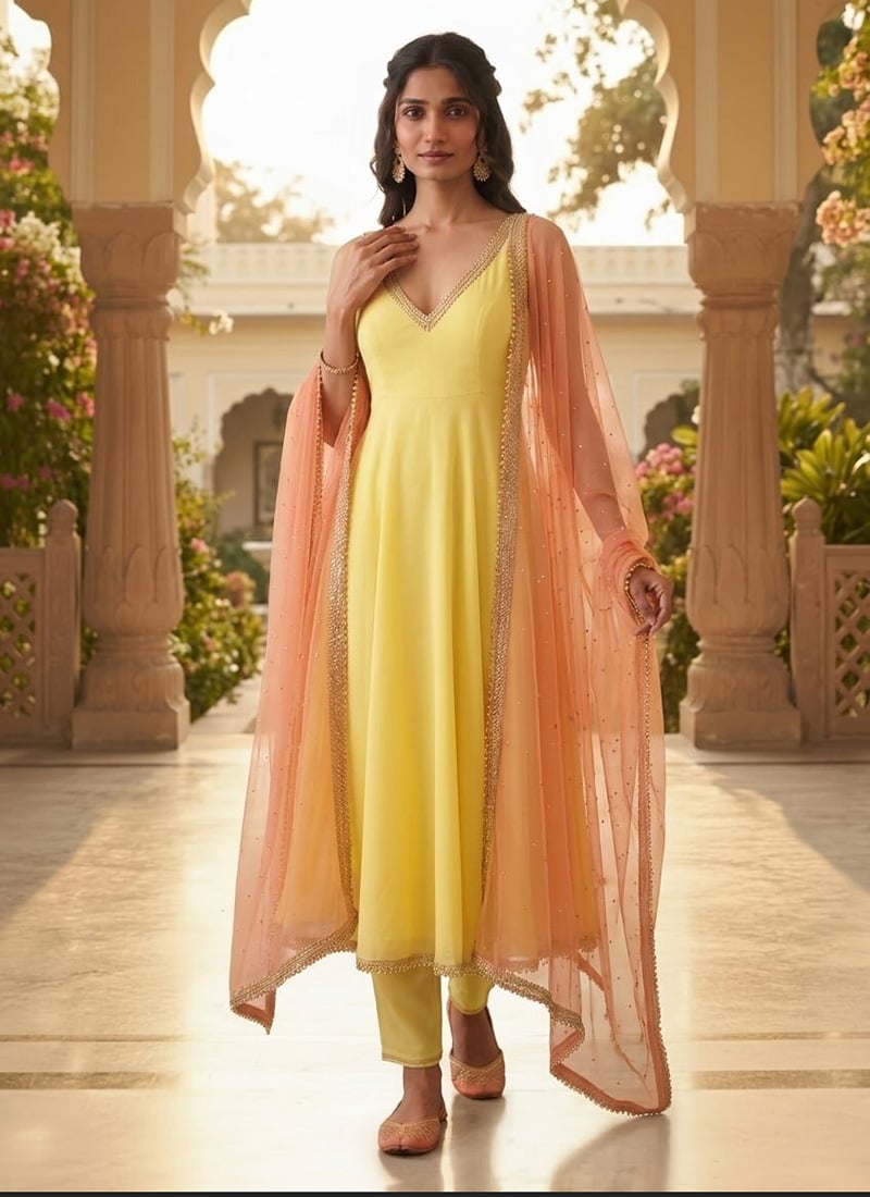 Light Lemon Yellow Georgette Lace Work Anarkali Suit After Six Wear
