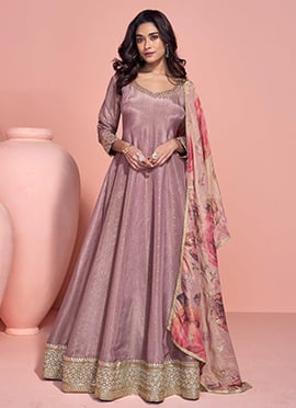 Light Mauve Shimmer Silk Zari Sequins A Line Anarkali Suit With Digital Print Dupatta