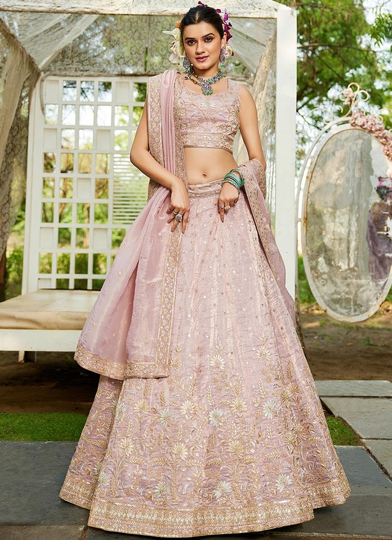 Light Mauve Tissue Sequins Embroidered Zari Lehenga Set