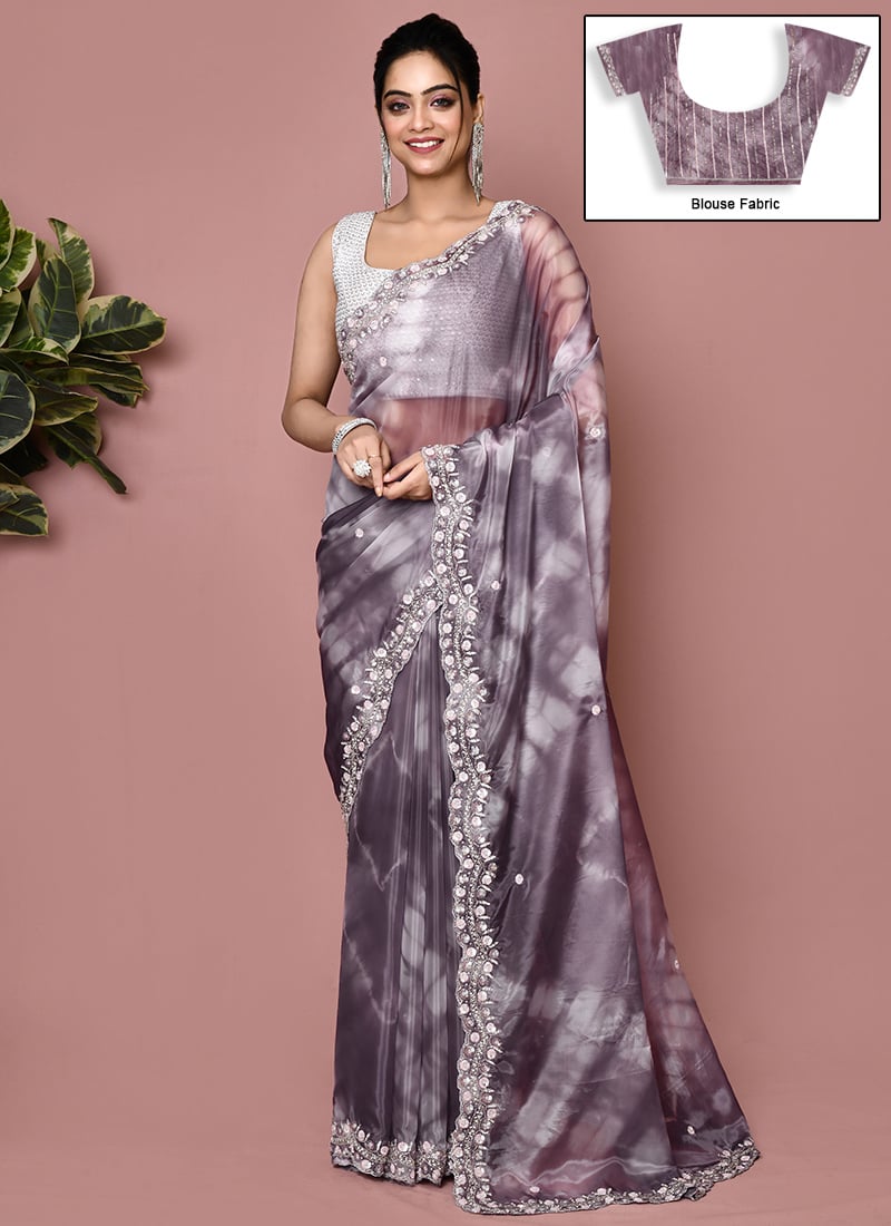 Light Mauve Tissue Silk Hand Embroidered Saree Wedding Wear