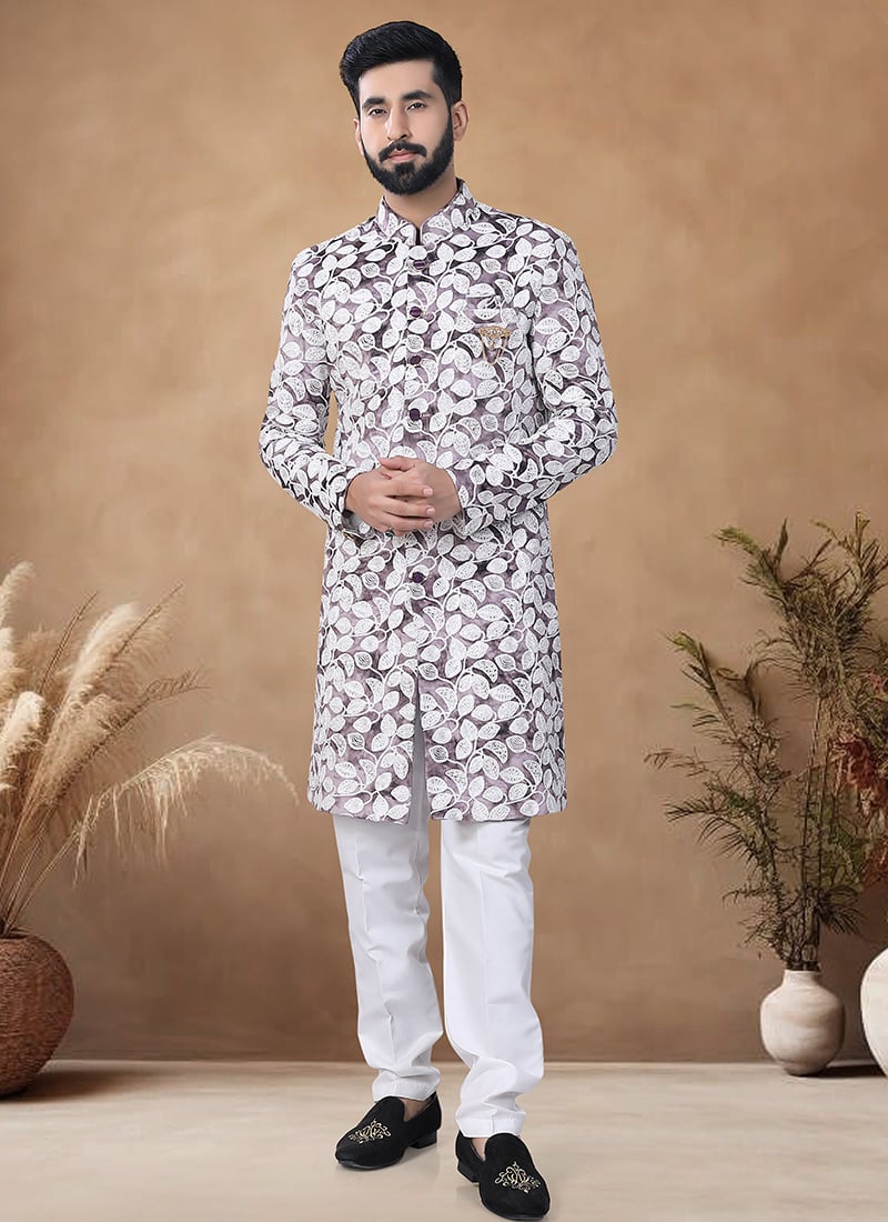 Light Mauve Velvet Embroidered Thread Classic Sherwani Wedding Wear