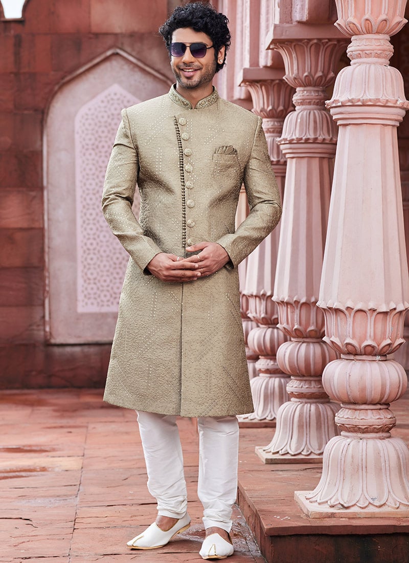 Light Mehendi Art Silk Embroidered Indowestern Sherwani Wedding Wear
