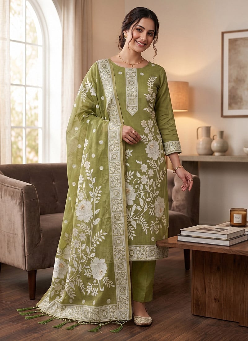 Light Mehendi Green Banarasi Silk Jamdani Pichwai Weaving Straight Pant Suit Leisure Wear