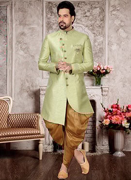 Light Mehndi Slub Silk Hand Work Classic Sherwani