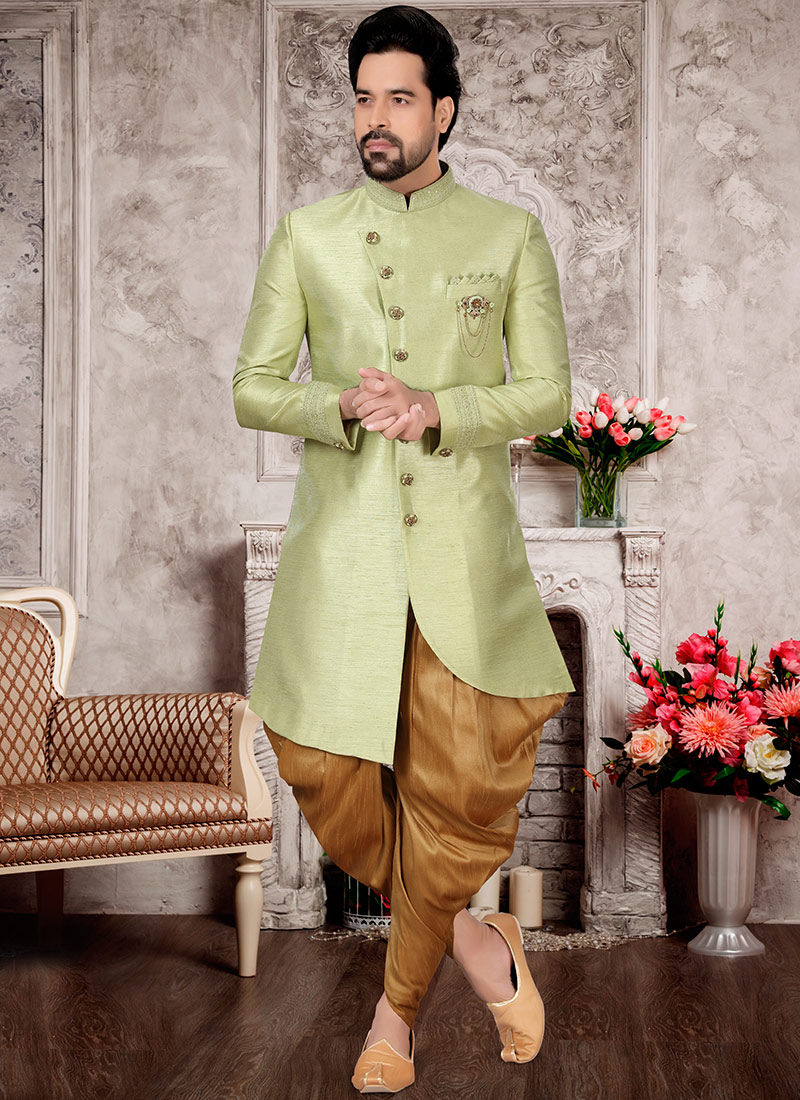 Light Mehndi Slub Silk Hand Work Classic Sherwani Wedding Wear