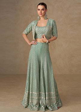 Light Mint Green Georgette Zari Hand Embroidered Indowestern Crop Top And Jacket Palazzo Set