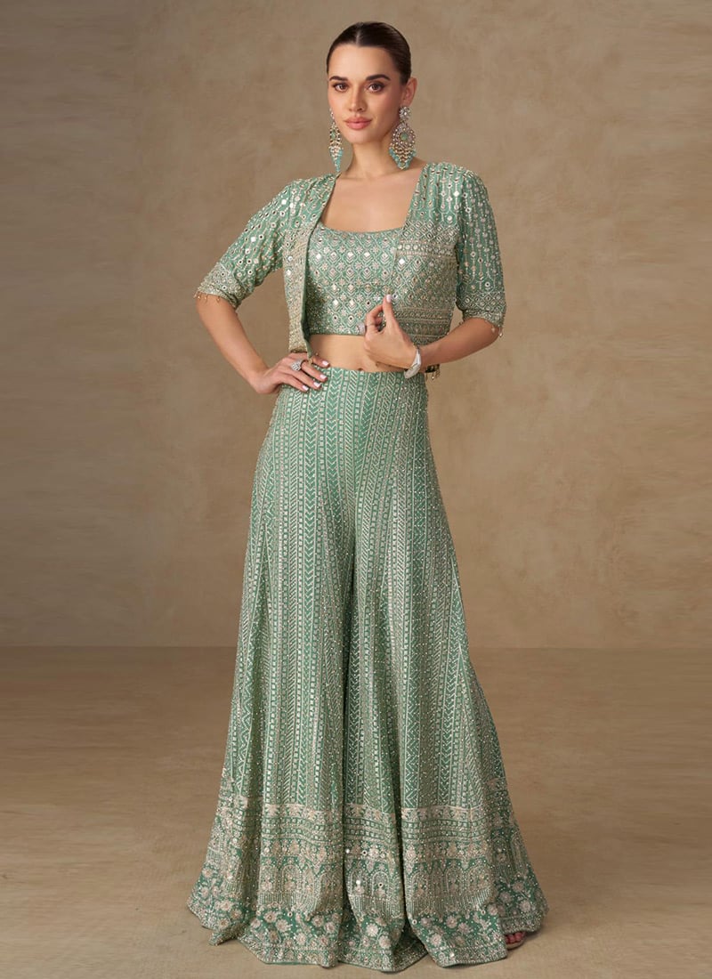 Light Mint Green Georgette Zari Hand Embroidered Indowestern Crop Top And Jacket Palazzo Set Wedding Wear