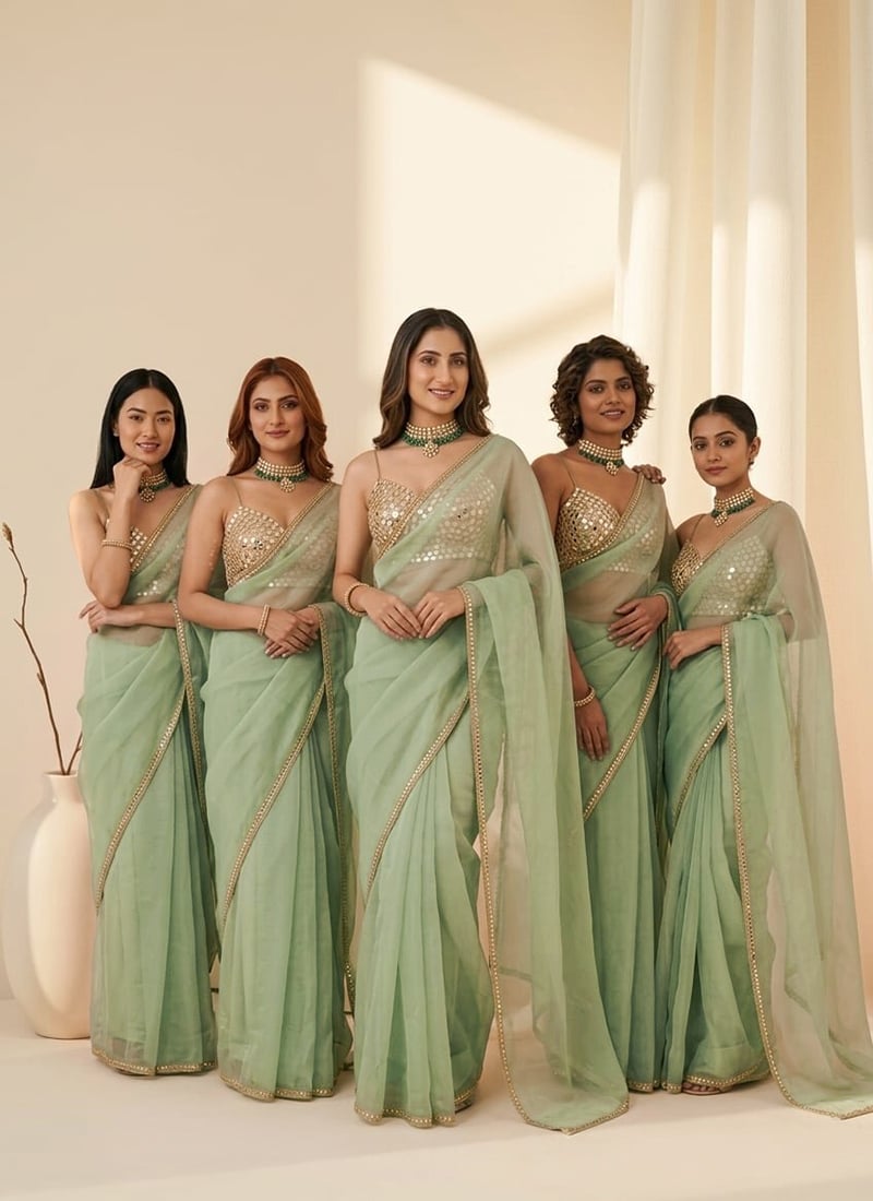 Light Mint Green Organza Mirror Zari Hand Embroidered Saree Festive Wear