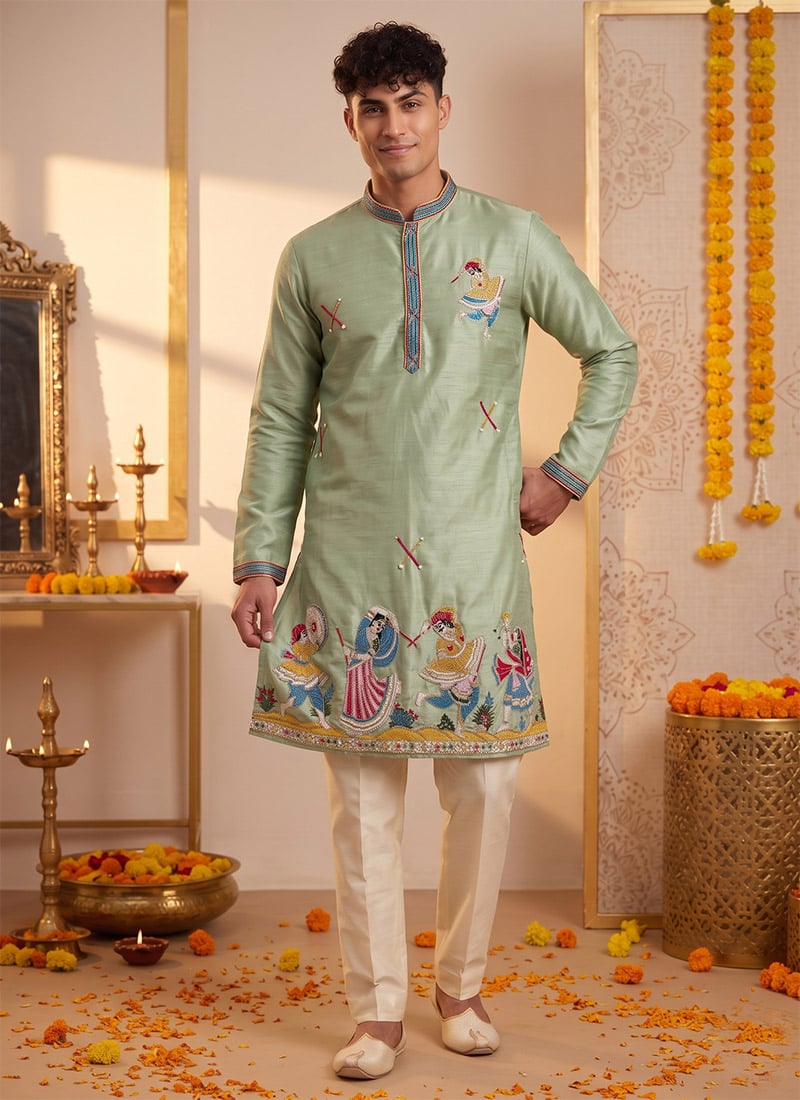 Light Mint Green Silk Embroidered Kurta Pyjama For Men Festive Wear