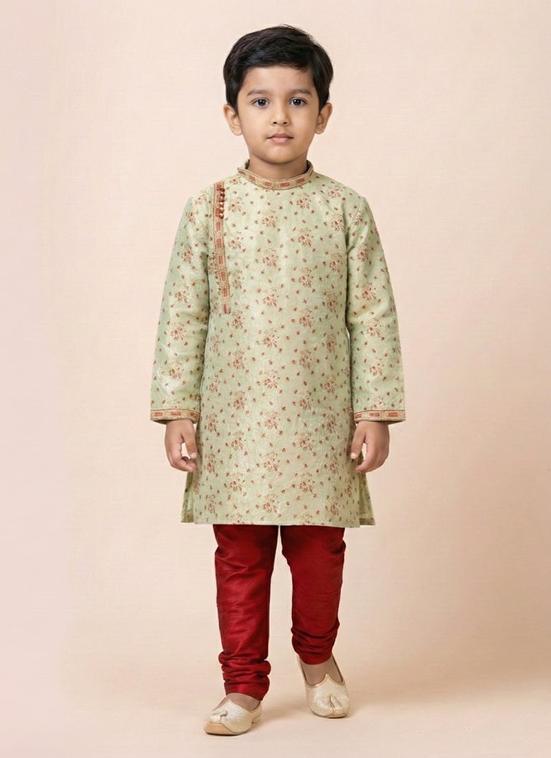 Light Mint Green Silk Jacquard Kids Kurta Pyjama Festive Wear