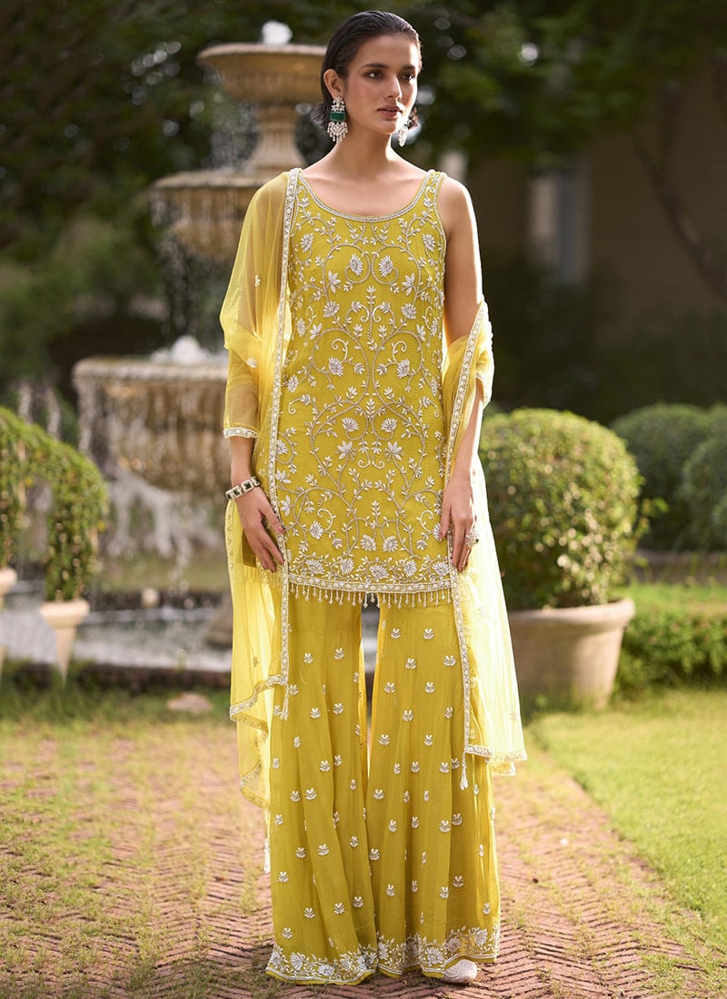 Light Mustard Yellow Georgette Cutdana Embroidered Sequins Sharara Suit Festive Wear